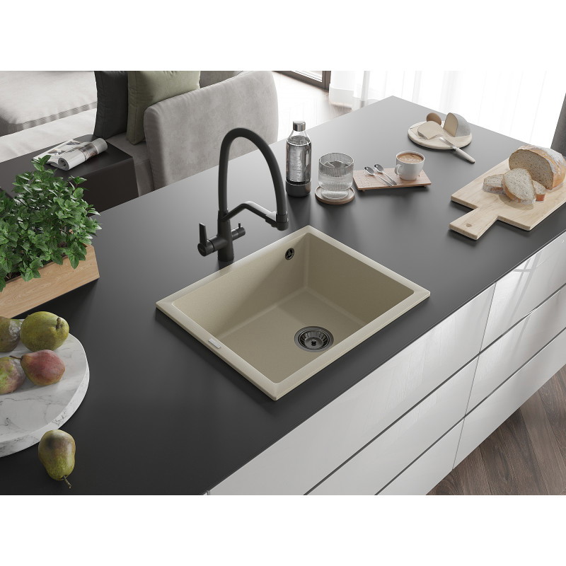 Mexen Pedro 1-bowl granite sink 560 x 460 mm, beige, black siphon - 6508561000-69-B