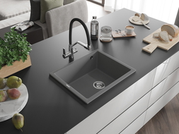 Mexen Pedro single-bowl granite sink 560 x 460 mm, grey, chrome siphon - 6508561000-71