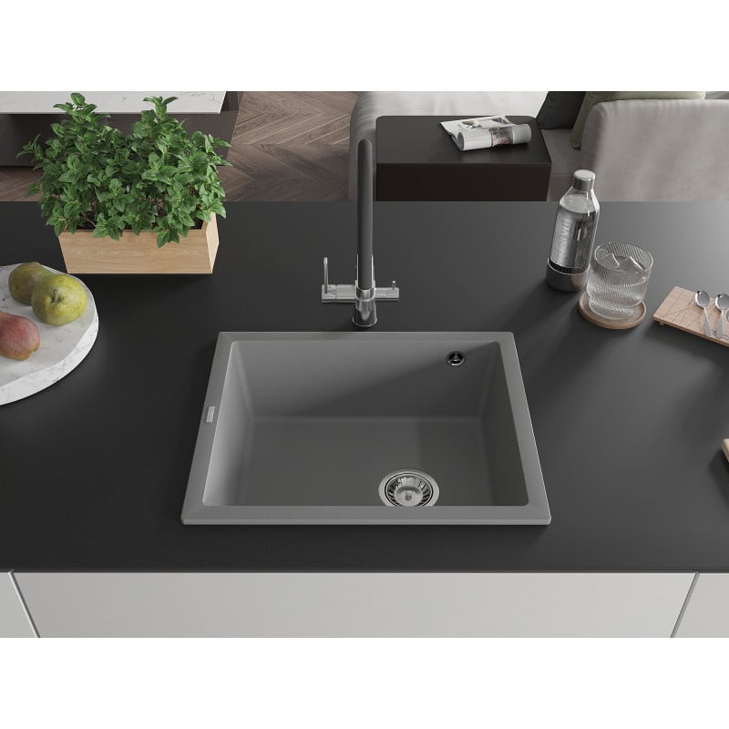 Mexen Pedro granite kitchen sink 1-bowl 560 x 460 mm, gray, chrome siphon - 6508561000-71