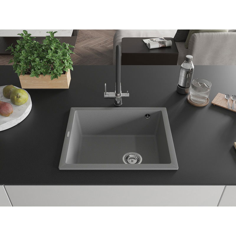 Mexen Pedro single-bowl granite sink 560 x 460 mm, grey, chrome siphon - 6508561000-71