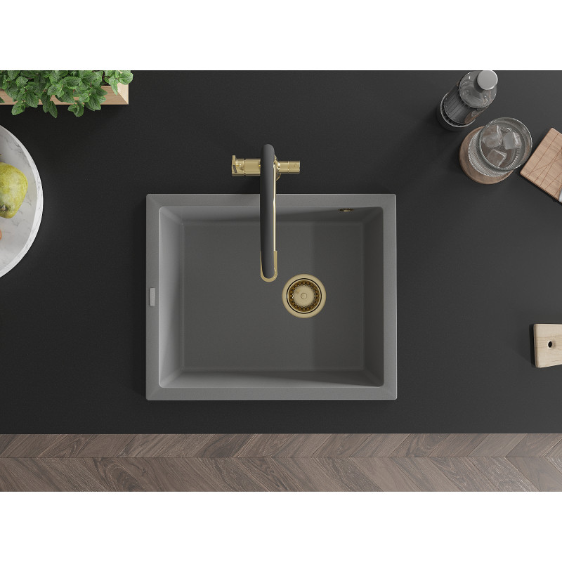 Mexen Pedro granite kitchen sink 1-bowl 560 x 460 mm, gray, gold siphon - 6508561000-71-G
