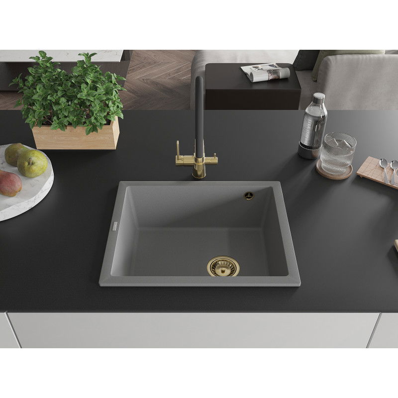 Mexen Pedro granite sink single-bowl 560 x 460 mm, grey, gold siphon - 6508561000-71-G