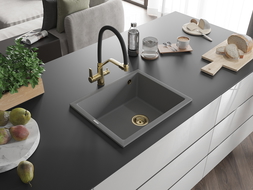 Mexen Pedro 1-compartment granite sink 560 x 460 mm, Grey, siphon Gold - 6508561000-71-G