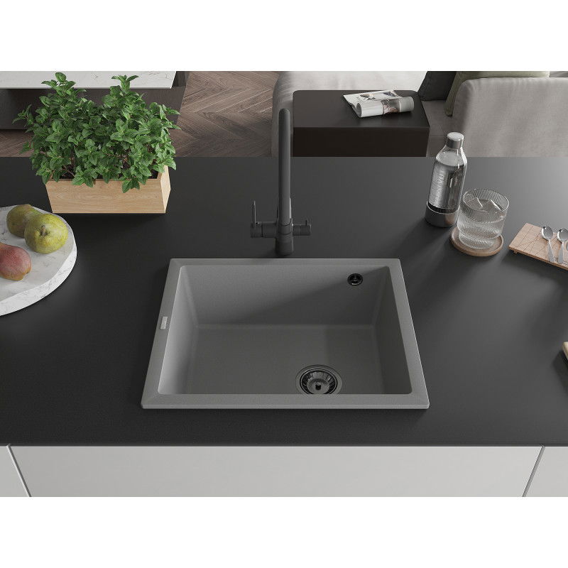 Mexen Pedro granite sink 1-bowl 560 x 460 mm, grey, black siphon - 6508561000-71-B