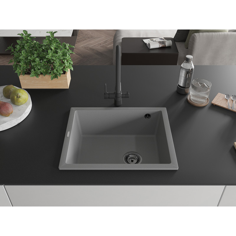 Mexen Pedro single-bowl granite sink 560 x 460 mm, gray, black siphon - 6508561000-71-B
