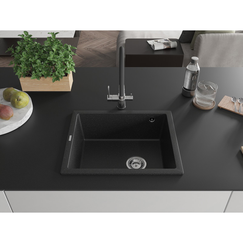 Mexen Pedro granite single-bowl sink 560 x 460 mm, black/silver metallic, chrome siphon - 6508561000-73