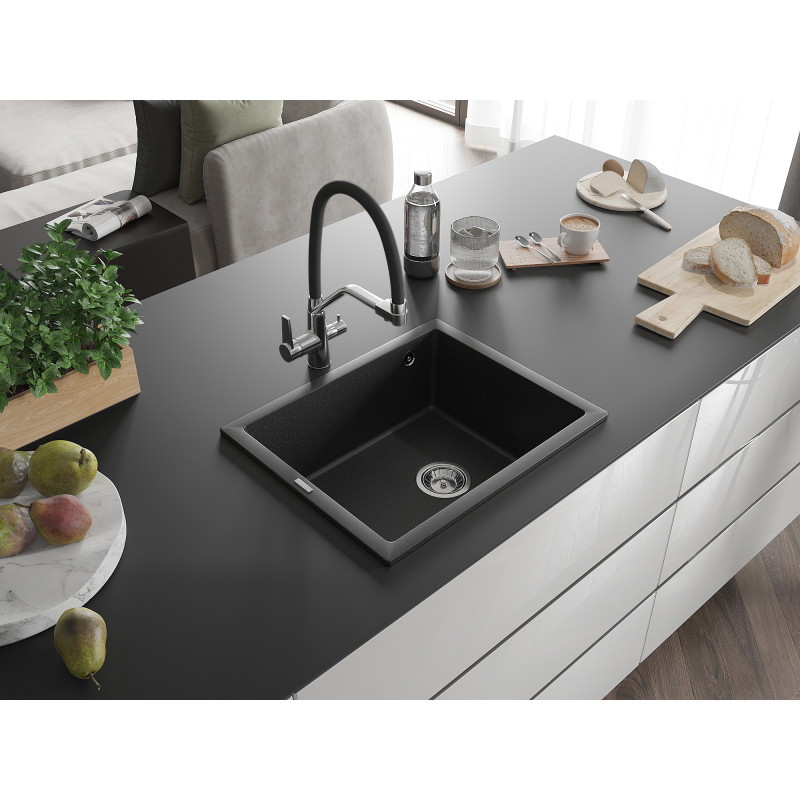 Mexen Pedro granite single-bowl sink 560 x 460 mm, black/silver metallic, chrome siphon - 6508561000-73