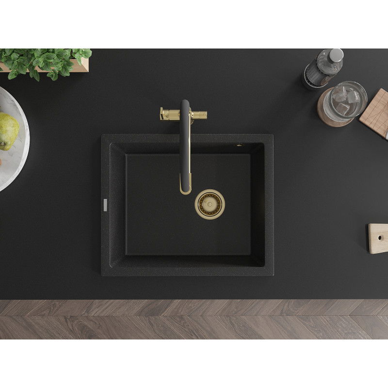 Mexen Pedro granite sink 1-bowl 560 x 460 mm, black/silver metallic, gold siphon - 6508561000-73-G