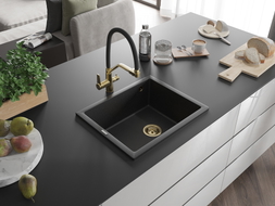 Mexen Pedro granite kitchen sink 1-bowl 560 x 460 mm, black/silver metallic, gold siphon - 6508561000-73-G