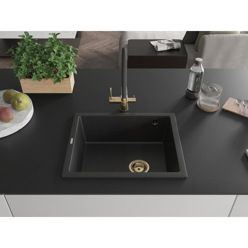 Mexen Pedro granite kitchen sink 1-bowl 560 x 460 mm, black/silver metallic, gold siphon - 6508561000-73-G