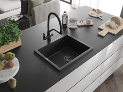 Mexen Pedro granite sink single-bowl 560 x 460 mm, black/silver metallic, black siphon - 6508561000-73-B