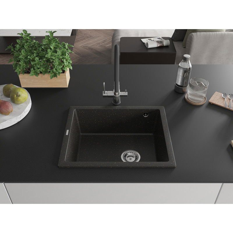 Mexen Pedro granite sink 1-bowl 560 x 460 mm, black/gold metallic, chrome siphon - 6508561000-75