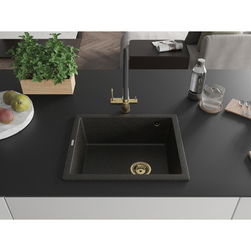 Mexen Pedro granite sink 1-bowl 560 x 460 mm, black/gold metallic, gold siphon - 6508561000-75-G
