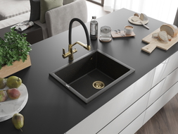 Mexen Pedro granite sink 1-bowl 560 x 460 mm, black/gold metallic, gold siphon - 6508561000-75-G