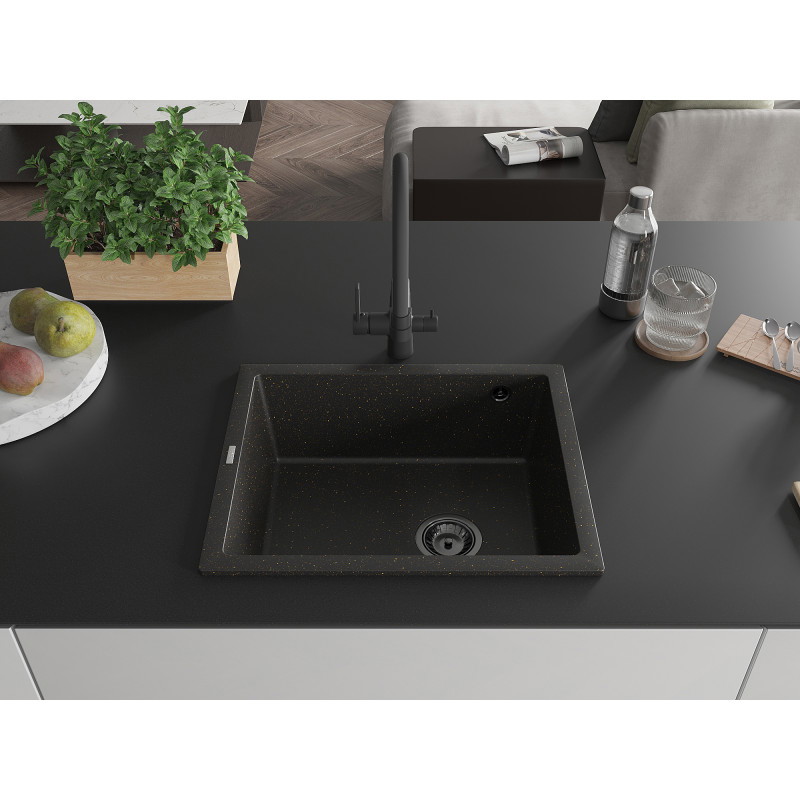 Mexen Pedro granite sink 1-bowl 560 x 460 mm, black/golden metallic, black siphon - 6508561000-75-B