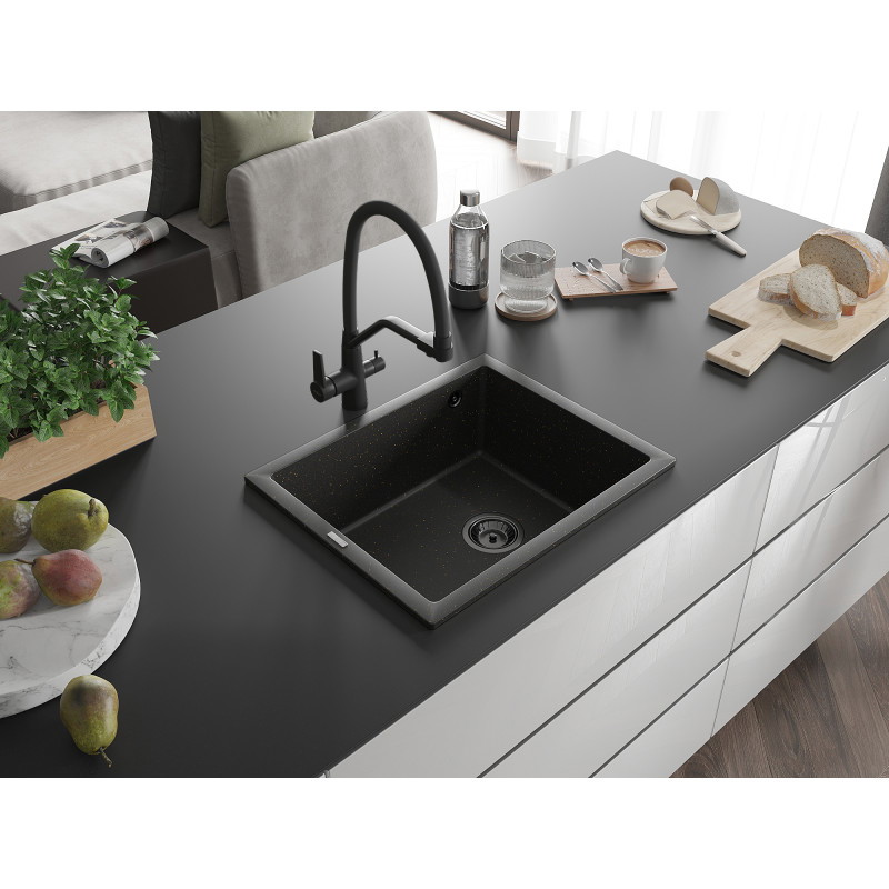 Mexen Pedro granite sink 1-bowl 560 x 460 mm, black/golden metallic, black siphon - 6508561000-75-B