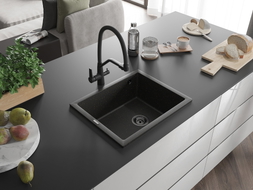 Mexen Pedro granite sink 1-bowl 560 x 460 mm, black/golden metallic, black siphon - 6508561000-75-B