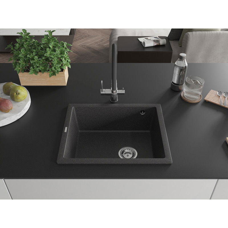 Mexen Pedro 1-bowl granite kitchen sink 560 x 460 mm, speckled black, chrome siphon - 6508561000-76