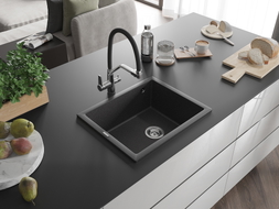 Mexen Pedro granite sink 1-compartment 560 x 460 mm, black speckled, chrome siphon - 6508561000-76