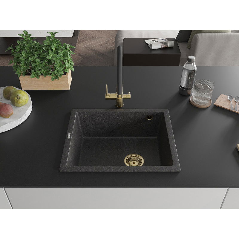 Mexen Pedro granite sink 1-bowl 560 x 460 mm, black speckled, gold siphon - 6508561000-76-G