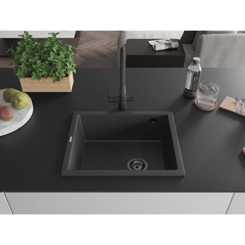 Mexen Pedro granite kitchen sink 1-bowl 560 x 460 mm, black speckled, black siphon - 6508561000-76-B