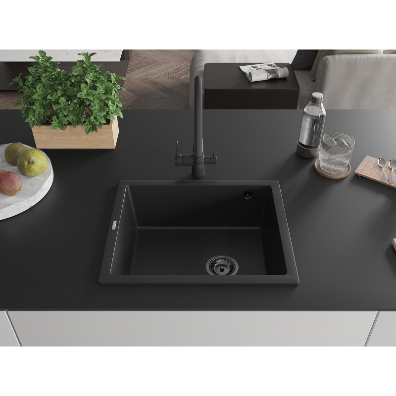 Mexen Pedro granite kitchen sink 1-bowl 560 x 460 mm, black, black siphon - 6508561000-77-B