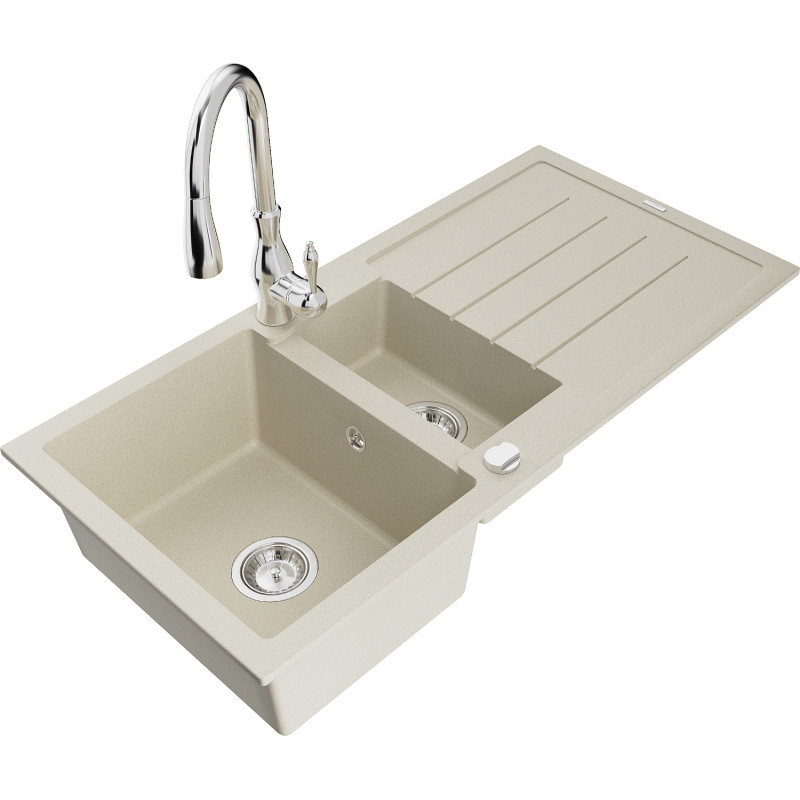 Mexen Andres 1.5-bowl granite sink with drainer and Savita kitchen faucet, beige - 6515-69-672601-00