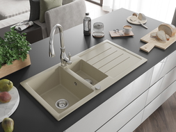 Mexen Andres 1.5-compartment granite sink with a drip tray and kitchen mixer tap Savita, Beige - 6515-69-672601-00