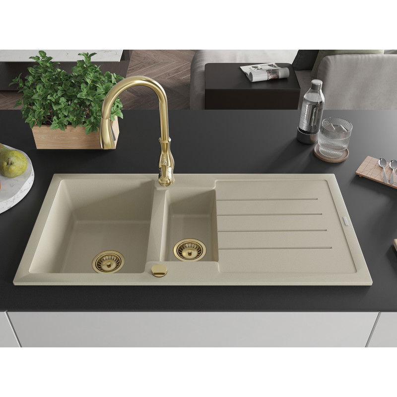Mexen Andres granite sink 1.5-bowl with drainer and Savita kitchen tap, beige - 6515-69-672601-50