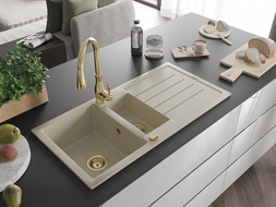 Mexen Andres 1.5-compartment granite sink with a drip tray and kitchen mixer tap Savita, Beige - 6515-69-672601-50