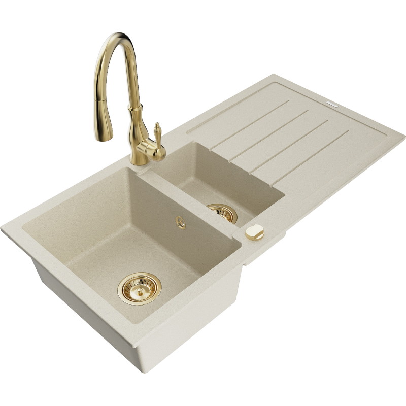 Mexen Andres granite sink 1.5-bowl with drainer and Savita kitchen faucet, beige - 6515-69-672601-50