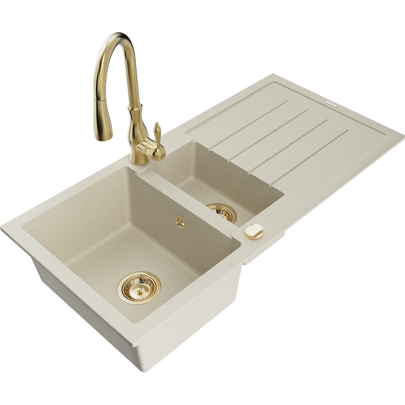 Mexen Andres granite sink 1.5-bowl with drainer and Savita kitchen tap, beige - 6515-69-672601-50