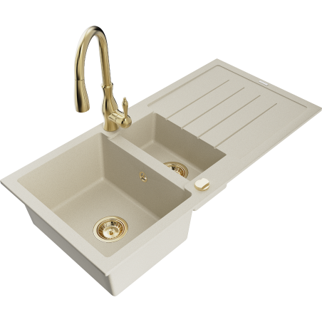 Mexen Andres 1.5-bowl granite sink with drainer and Savita kitchen faucet, beige - 6515-69-672601-50