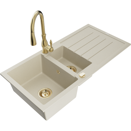 Mexen Andres granite sink 1.5-bowl with drainer and Savita kitchen tap, beige - 6515-69-672601-50