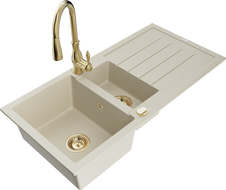Mexen Andres 1.5-compartment granite sink with a drip tray and kitchen mixer tap Savita, Beige - 6515-69-672601-50