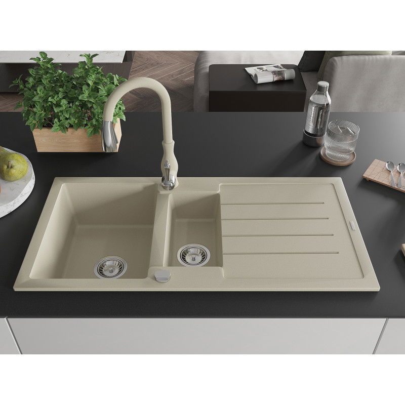 Mexen Andres granite sink 1.5-bowl with drainer and Savita kitchen tap, beige - 6515-69-672601-69