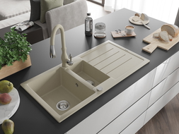 Mexen Andres 1.5-compartment granite sink with a drip tray and kitchen mixer tap Savita, Beige - 6515-69-672601-69