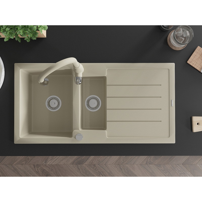 Mexen Andres Granite Sink 1.5 Bowl with Drainer and Savita Kitchen Faucet, Beige - 6515-69-672601-69