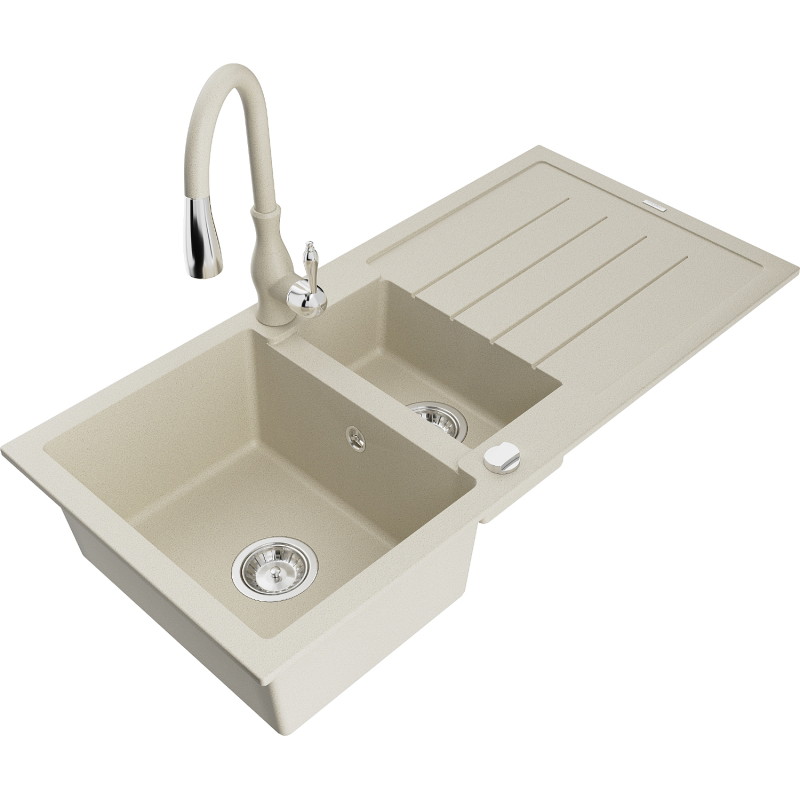 Mexen Andres Granite Sink 1.5 Bowl with Drainer and Savita Kitchen Faucet, Beige - 6515-69-672601-69