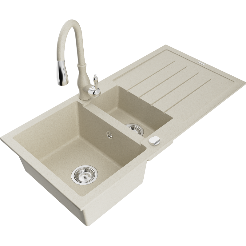 Mexen Andres granite sink 1.5-bowl with drainer and Savita kitchen tap, beige - 6515-69-672601-69