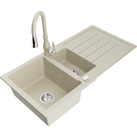 Mexen Andres Granite Sink 1.5 Bowl with Drainer and Savita Kitchen Faucet, Beige - 6515-69-672601-69