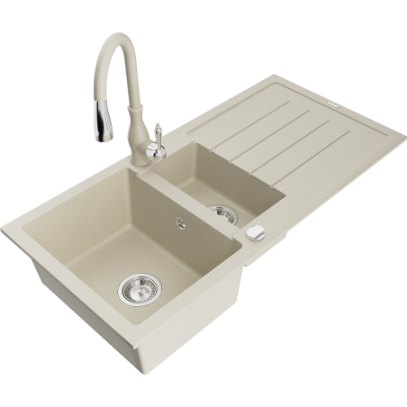Mexen Andres granite sink 1.5-bowl with drainer and Savita kitchen tap, beige - 6515-69-672601-69