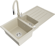 Mexen Andres 1.5-compartment granite sink with a drip tray and kitchen mixer tap Savita, Beige - 6515-69-672601-69
