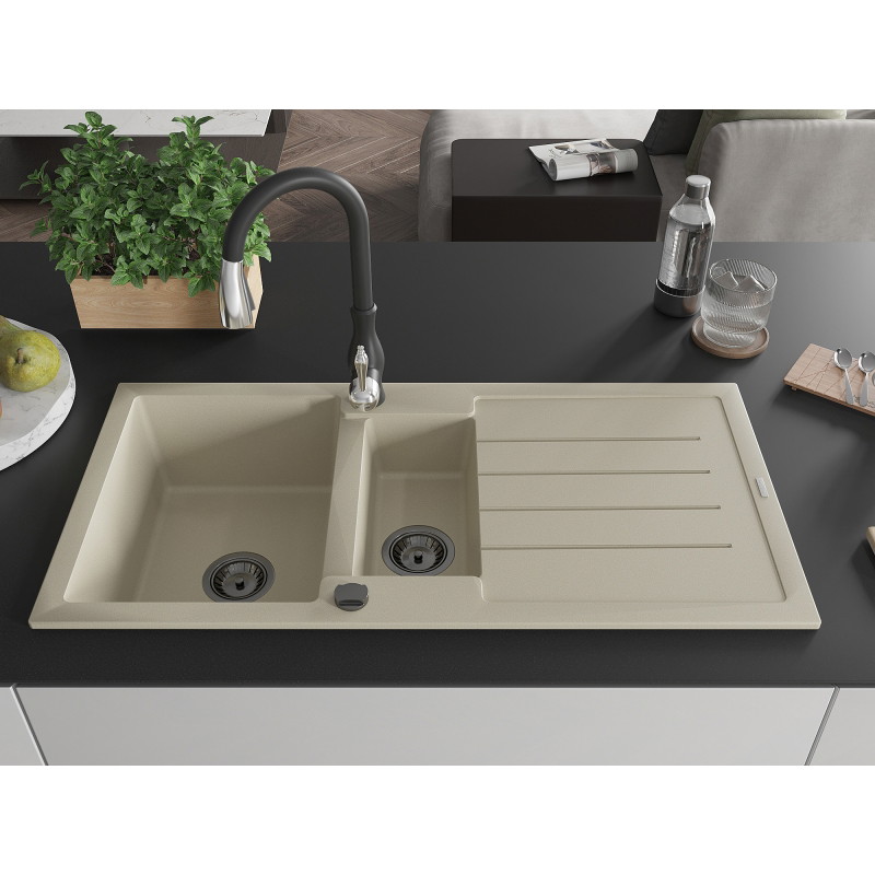 Mexen Andres 1.5-bowl granite sink with drainer and Savita kitchen faucet, beige - 6515-69-672601-70