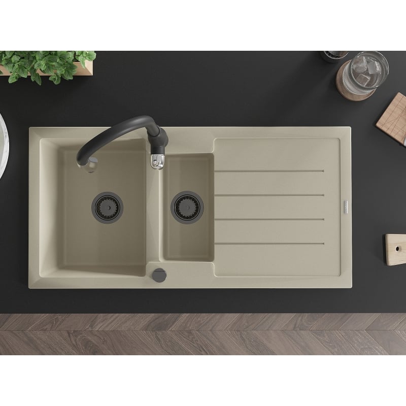 Mexen Andres 1.5-bowl granite sink with drainer and Savita kitchen faucet, beige - 6515-69-672601-70