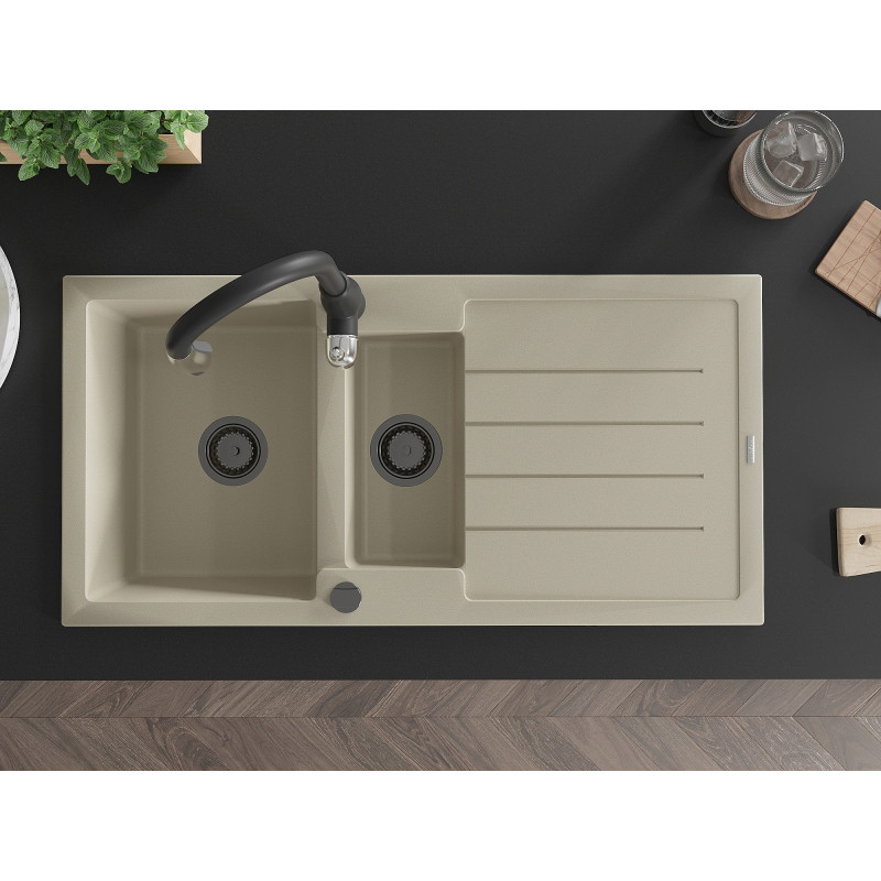 Mexen Andres granite sink 1.5-bowl with drainer and kitchen faucet Savita, beige - 6515-69-672601-70