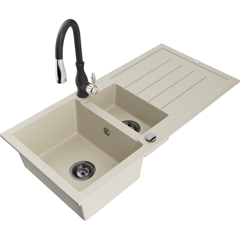 Mexen Andres 1.5-compartment granite sink with a drip tray and kitchen mixer tap Savita, Beige - 6515-69-672601-70