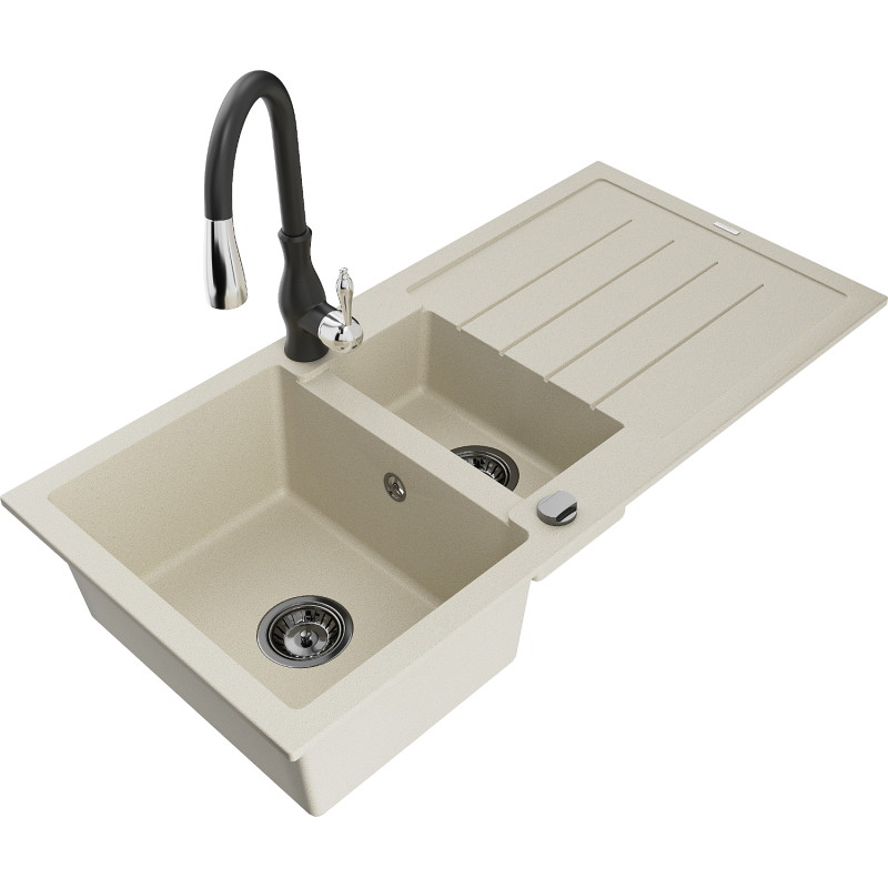 Mexen Andres granite sink 1.5-bowl with drainer and kitchen faucet Savita, beige - 6515-69-672601-70