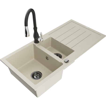 Mexen Andres granite sink 1.5-bowl with drainer and kitchen faucet Savita, beige - 6515-69-672601-70