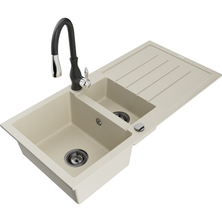 Mexen Andres granite sink 1.5 bowl with drainer and Savita kitchen tap, beige - 6515-69-672601-70